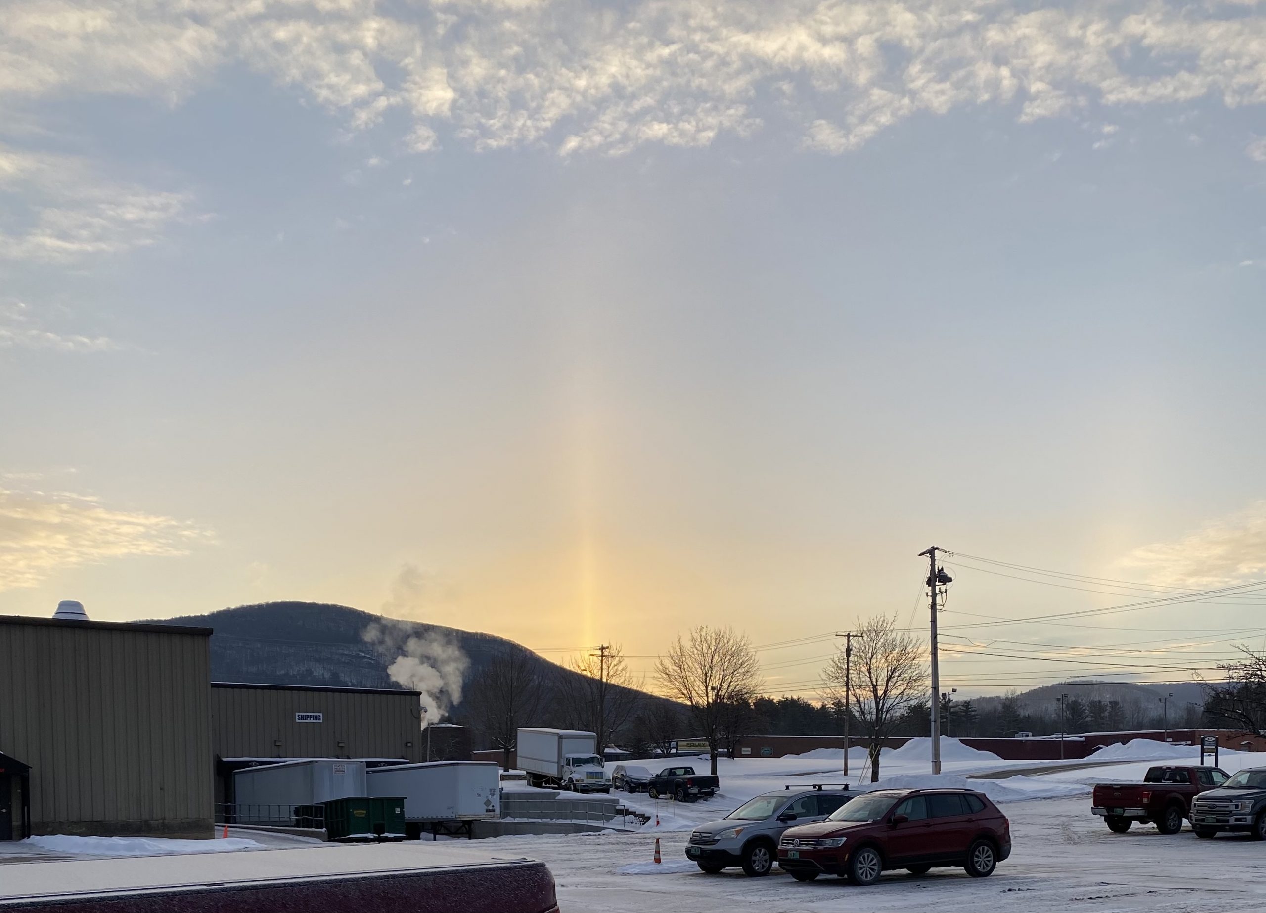 Rare and beautiful sun pillar over Kalow Technologies' contract manufacturing facility in Rutland VT